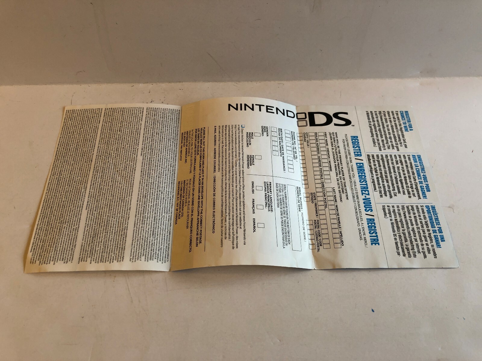 Nintendo DS System 55879A Registration Card ONLY Authentic