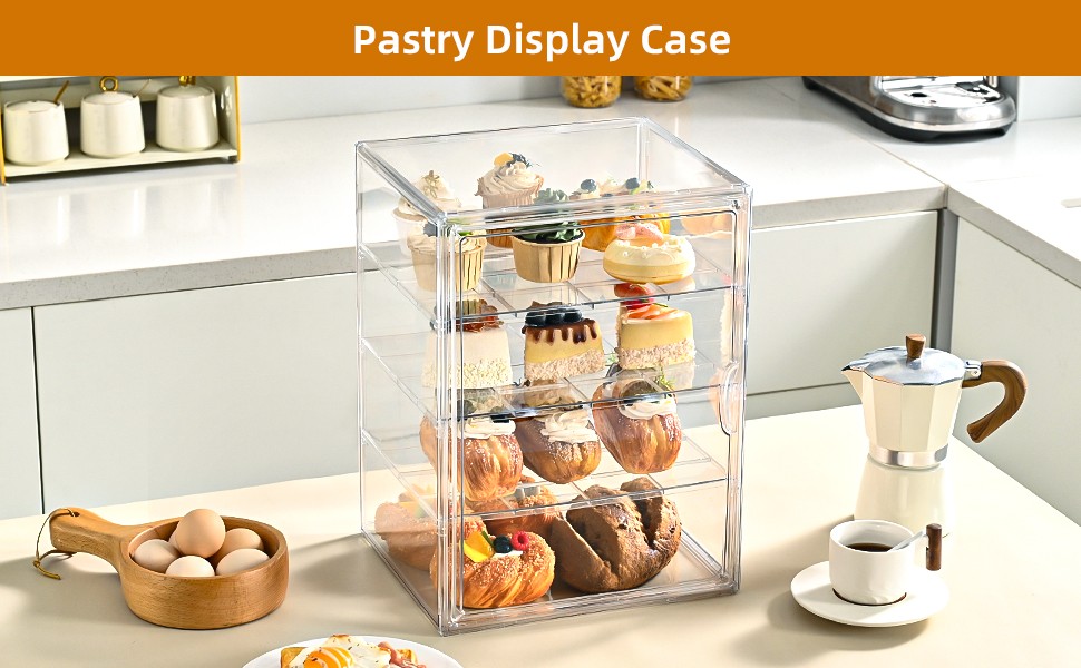 Pastry Display Case，4-Tier Adjustable Clear Bread Stora with Magnetic