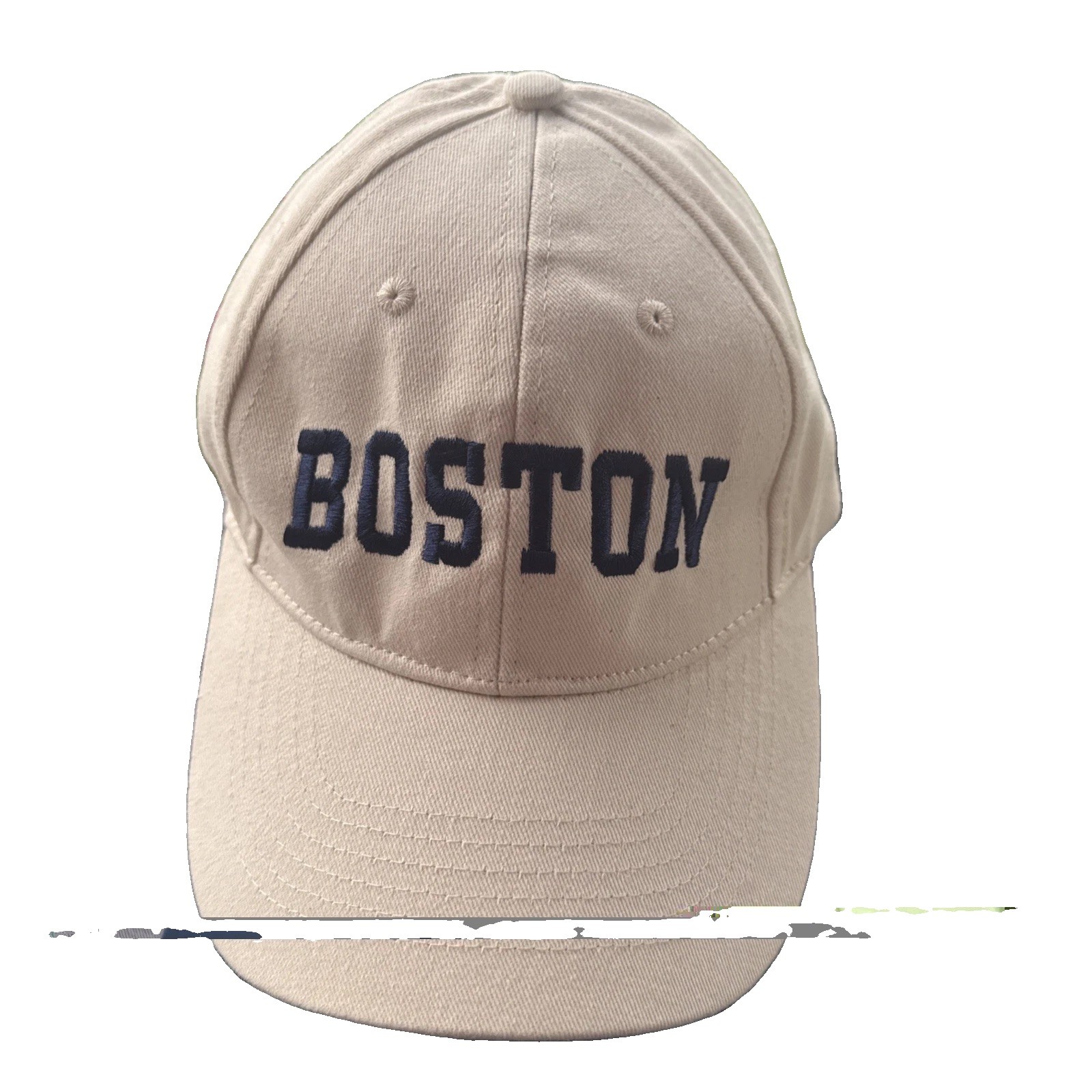 BOSTON letters in Navy on White Hat Cap Hook Loop ESY Brand Cotton EUC