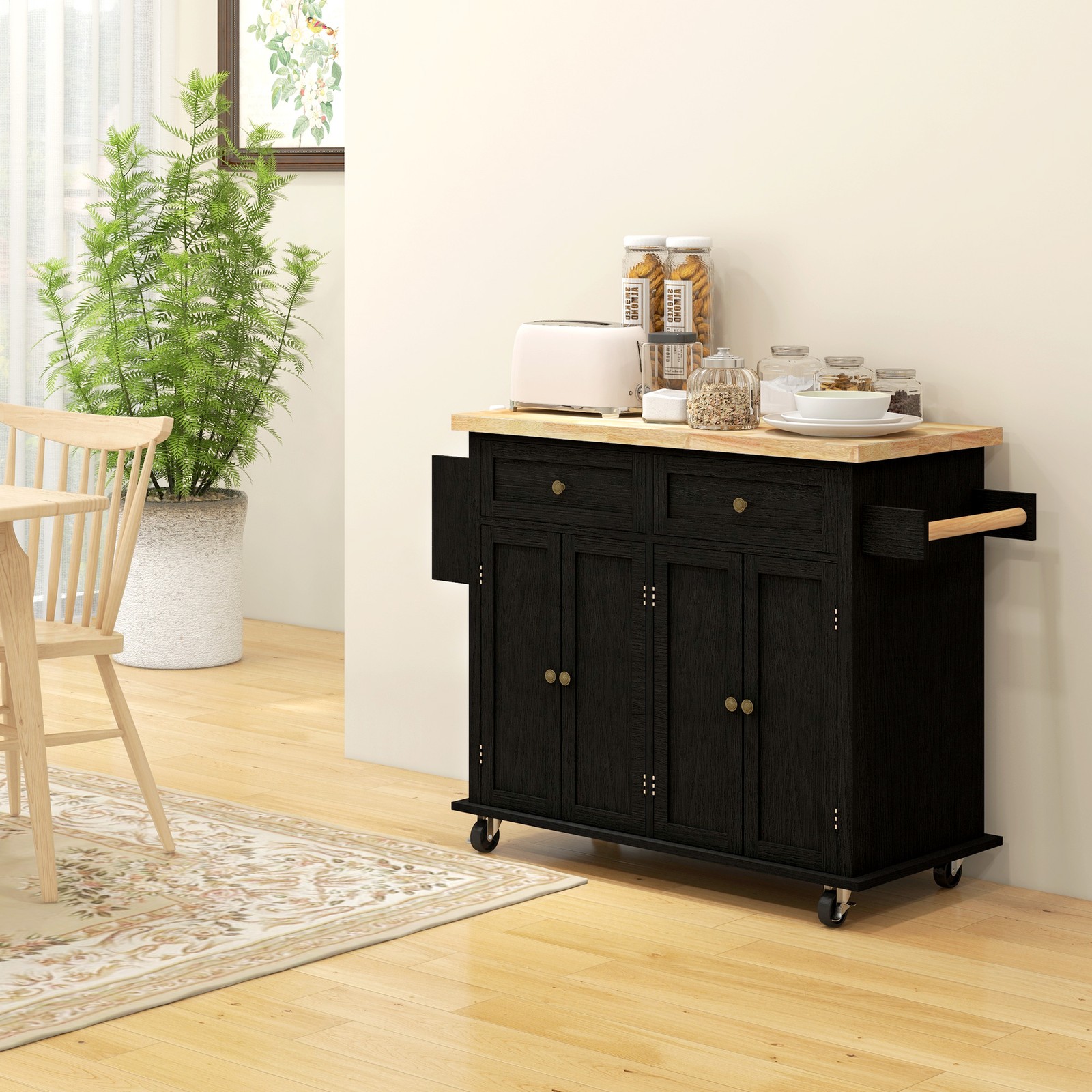 Modern Rolling Kitchen Island Cart with Spice Rack, Distressed Black