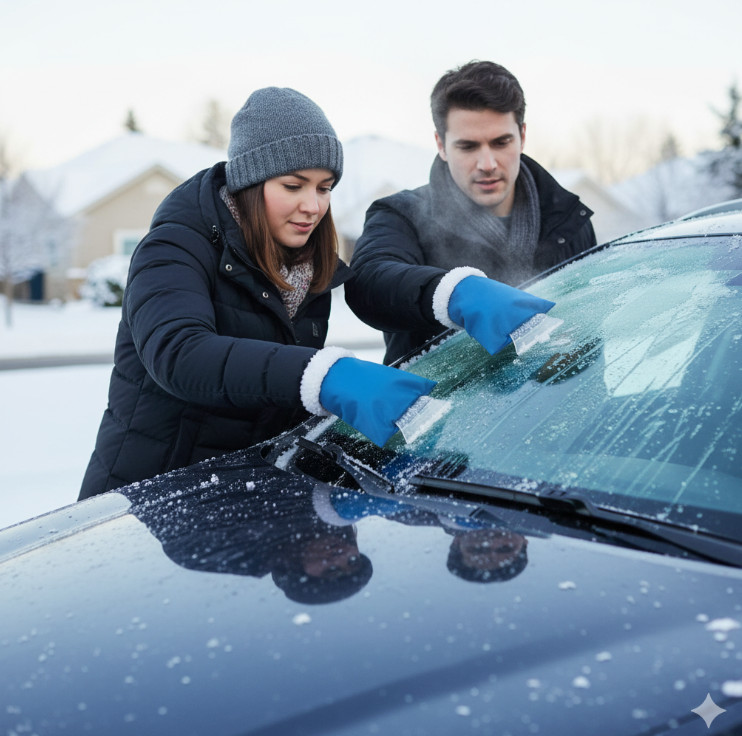 Fleece Lined Glove Car Window Frost Snow Remover Ice Scraper Warm Hands Blue