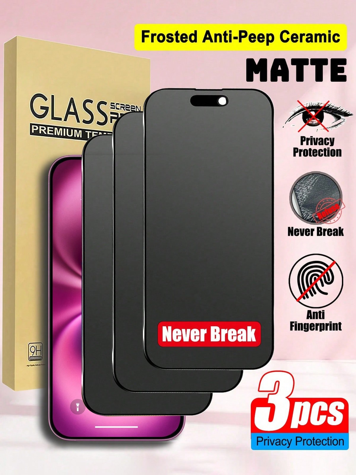 3pcs Black Frosted Anti-Peep Ceramic Matte Screen Protector For iPhone 17 16 15