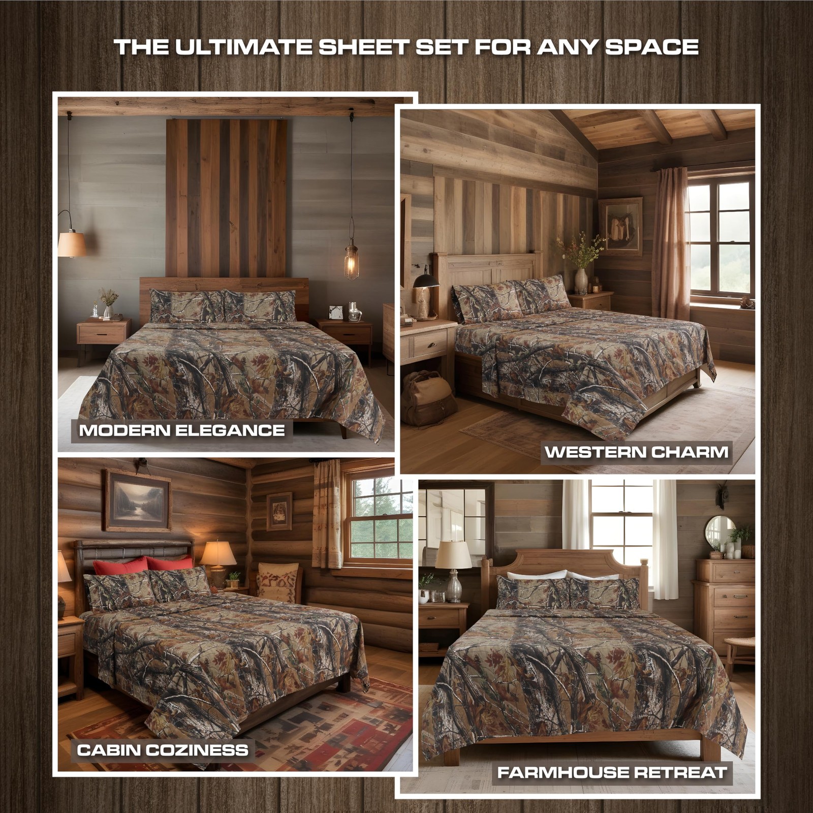 Realtree All Purpose Camo Bedding Full Sheet Set 4 Piece Polycotton Rustic Fa...