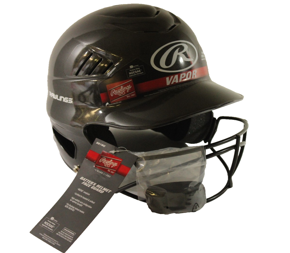 RAWLINGS VAPOR MOLDED BATTING HELMET WITH FACE GUARD AND CHIN STRAP  BLACK GREY