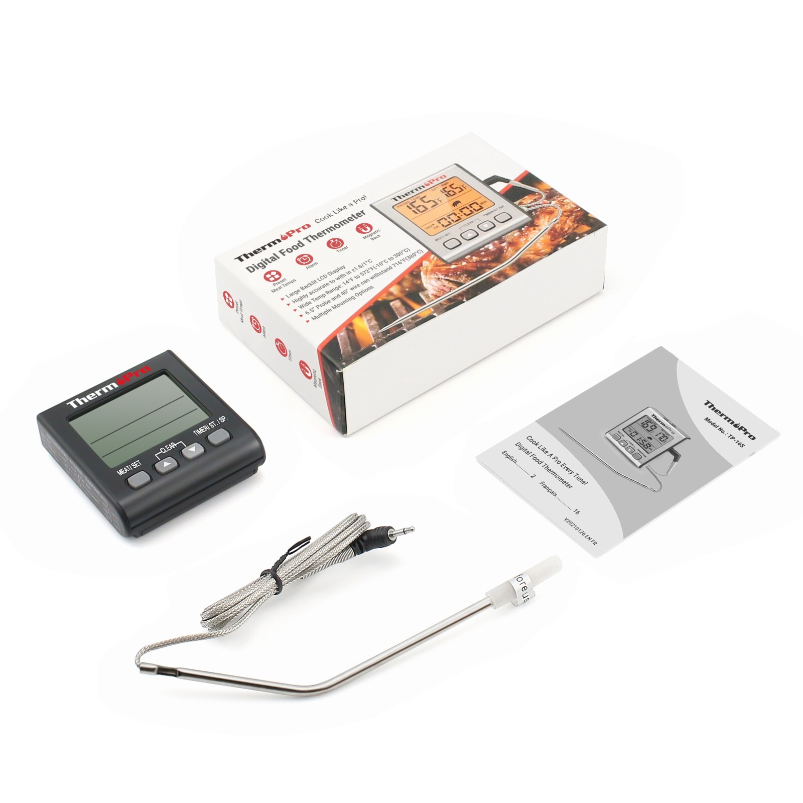 ThermoPro TP16SW Meat Cooking Thermometer with Timer Backlight for Oven Grilling