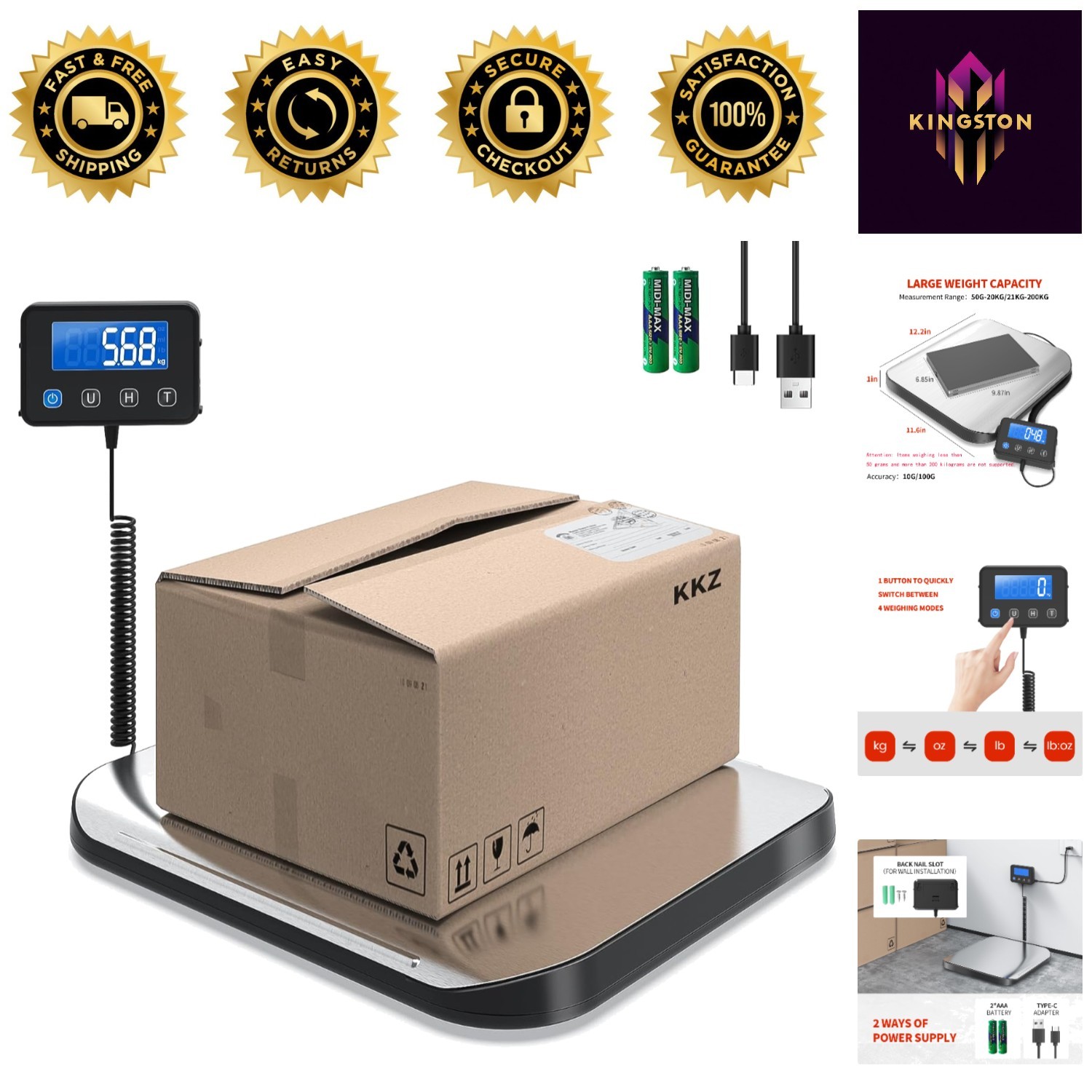 Heavy Duty Postal Scale - 440 LB Capacity with Large Surface Area & LCD Display