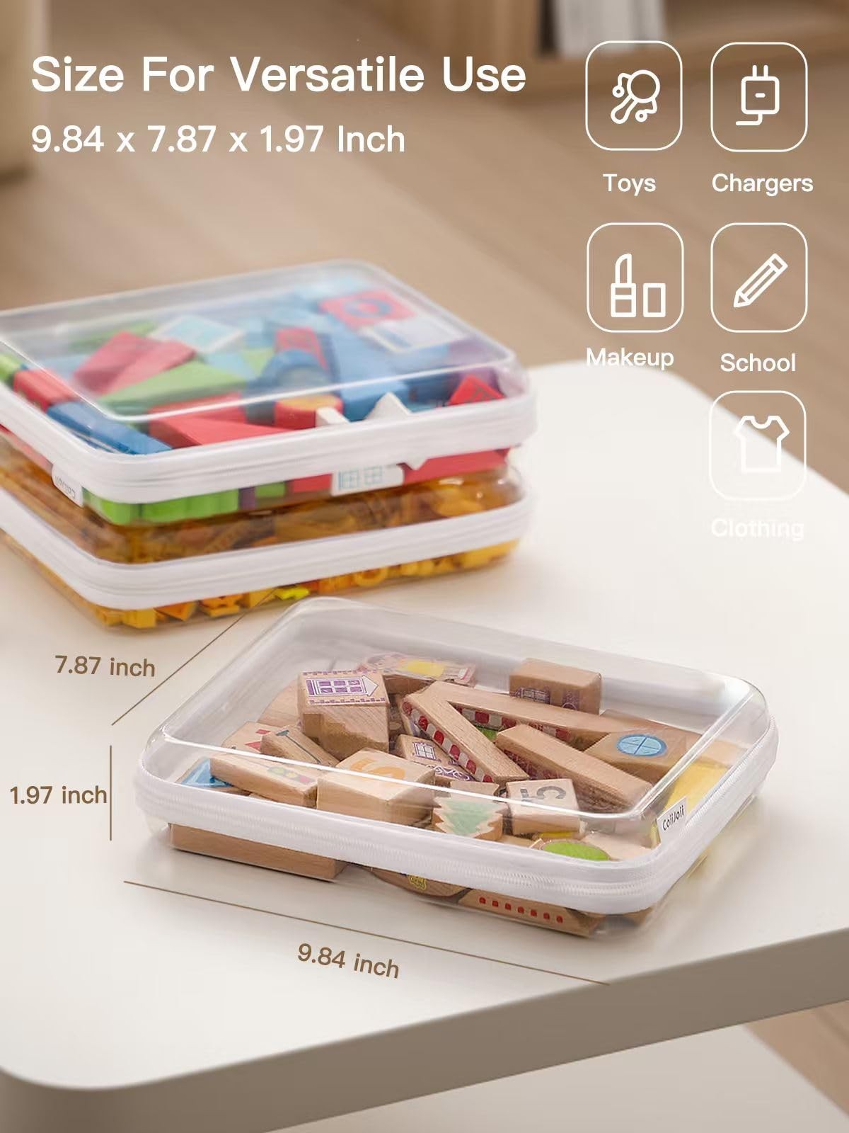 6 PCS Zippered Pouch Hard Clear Stackable Storage Bins Portable White Large
