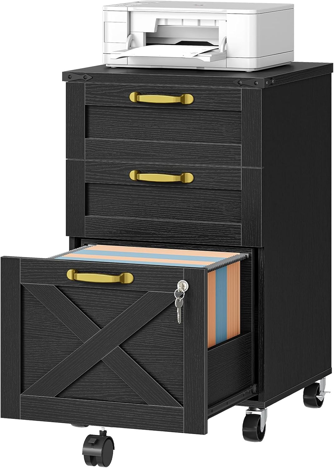 HOOBRO 3 Drawer File Cabinet with Lock, Mobile Farmhouse Filing Cabinet for A4/L