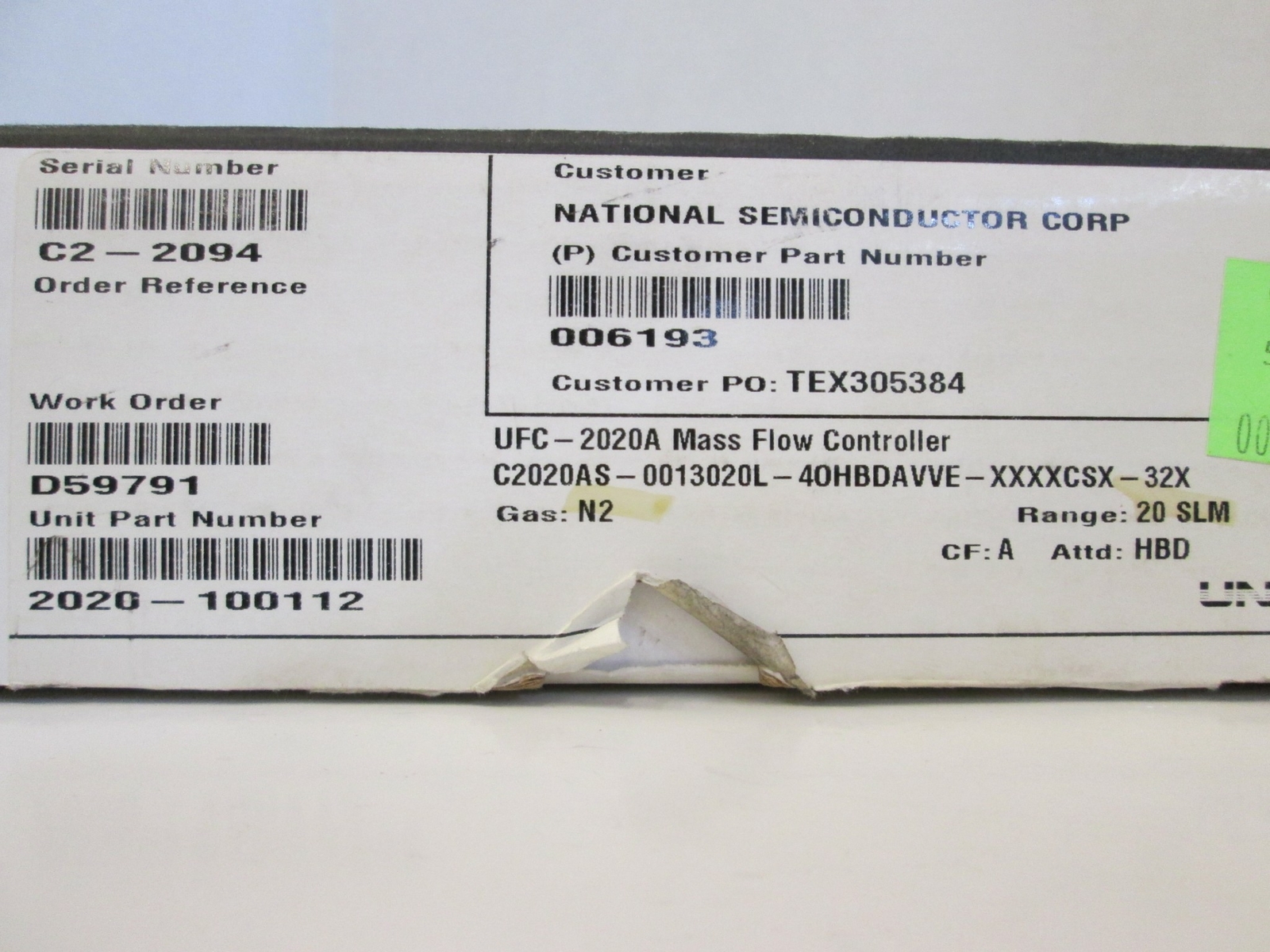 Unit UFC-2020A Mass Flow Controller MFC, N2, 20 SLM, 1/4" Male