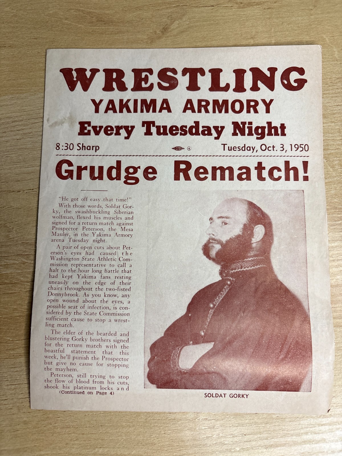 Vintage Wrestling Yakima Armory Soldat Gorky October 3, 1950 Program B4002