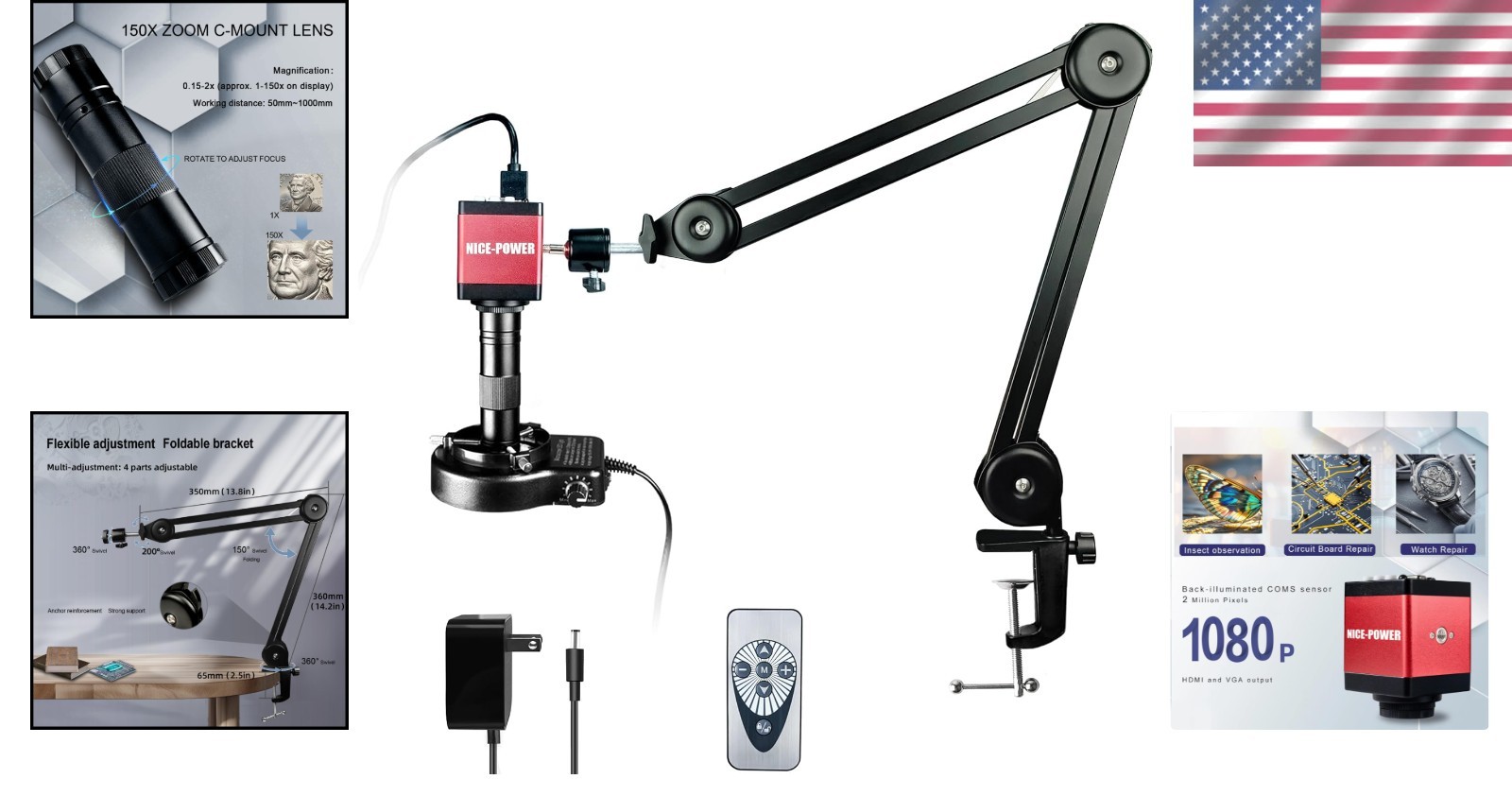 150X Zoom C-Mount Lens Industrial Microscope
