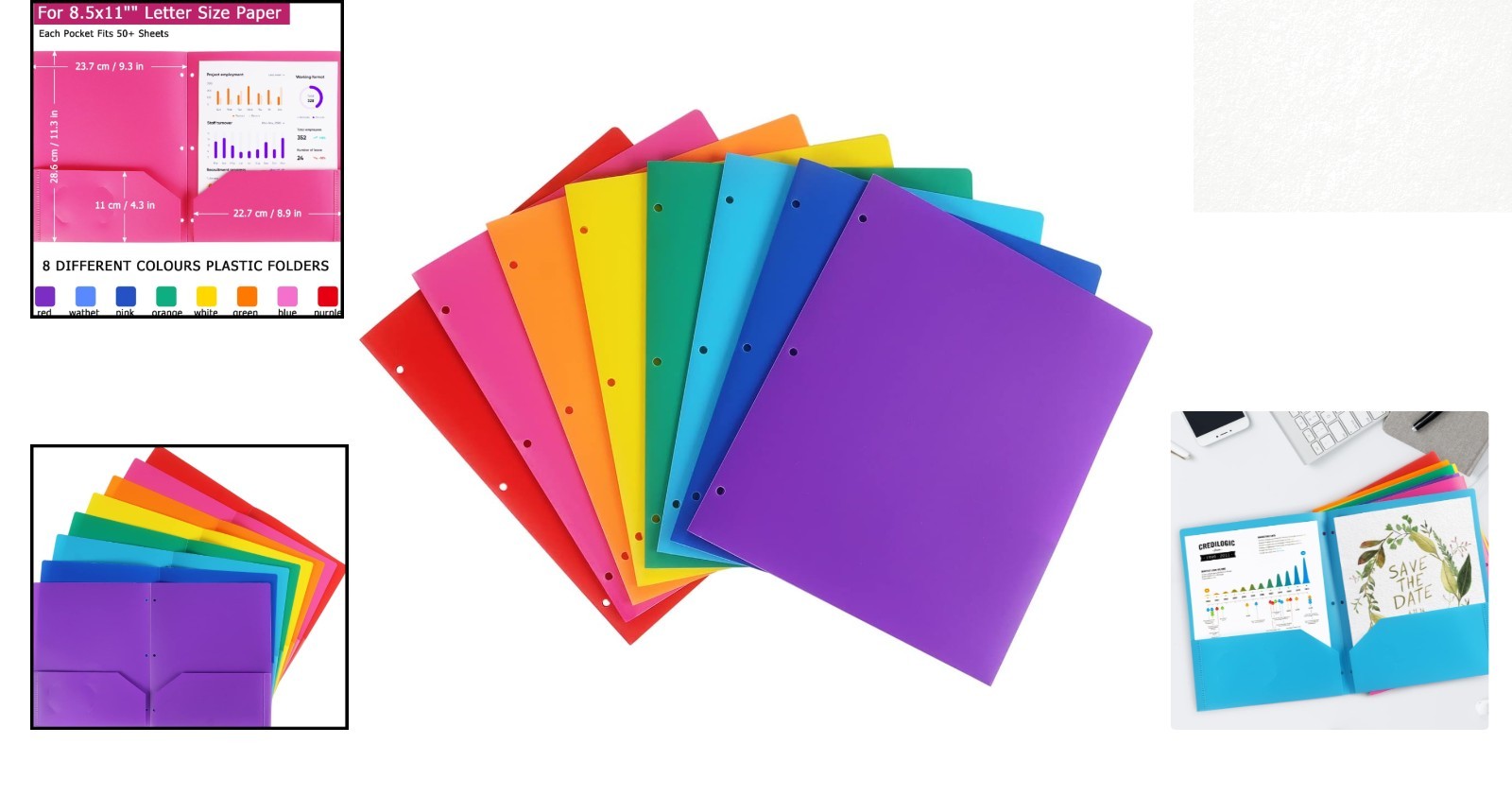 Assorted 8 Pack Plastic Folders with Pockets - Water-Resistant & Tear-Resistant