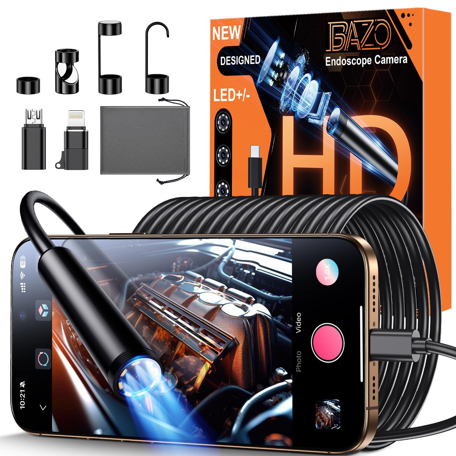 BAZO Endoscope Camera with Light – 1920 HD Borescope Tools with 8 Adjustable ...