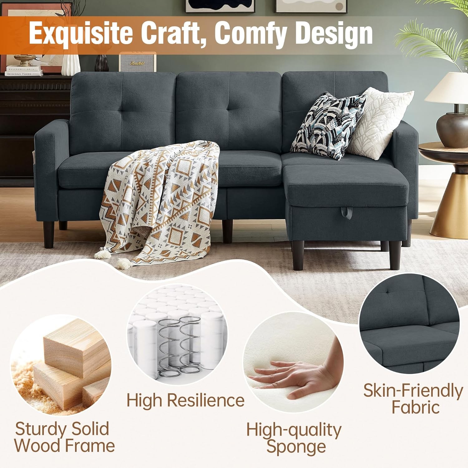 80" Convertible Sectional Sofa Couch with Movable Ottoman, 3 Seats Sectional