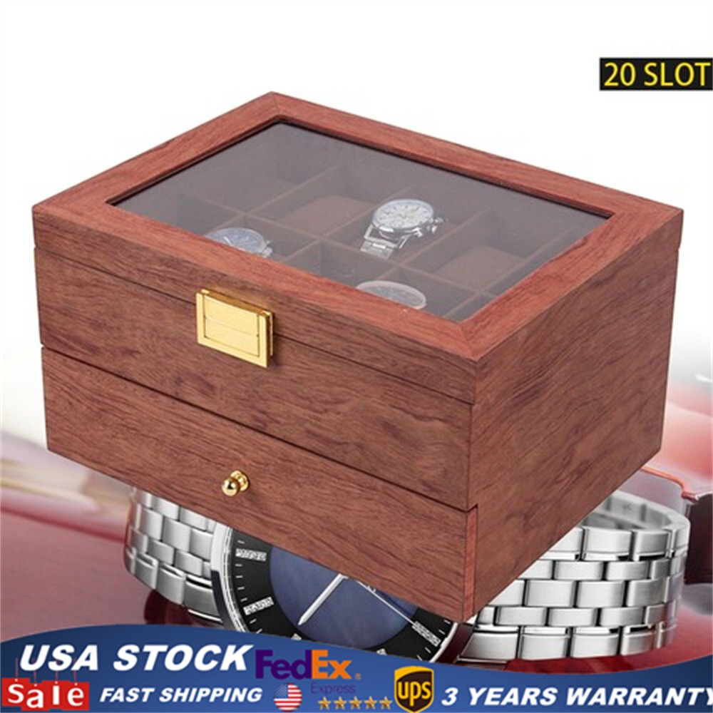 20-Slot Rosewood Watch Case Keep Display Tray Jewelry Storage Organizer Box