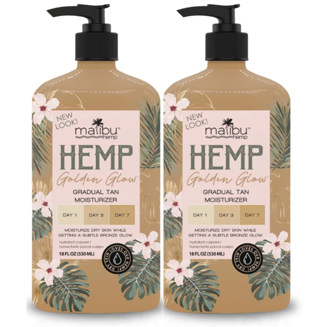 2Pack Malibu Hemp Golden Glow Gradual Tan Moisturizer Dry Skin & Bronzing 18oz