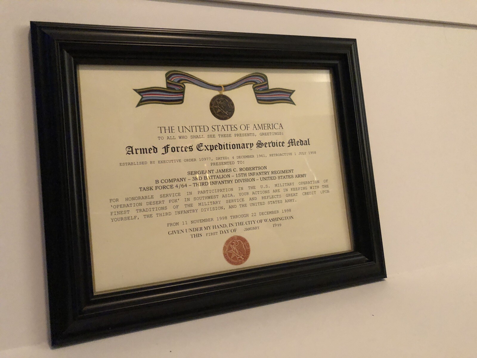 ARMED FORCES EXPEDITIONARY MEDAL / VETERAN COMMEMORATIVE CERTIFICATE (Type-3)