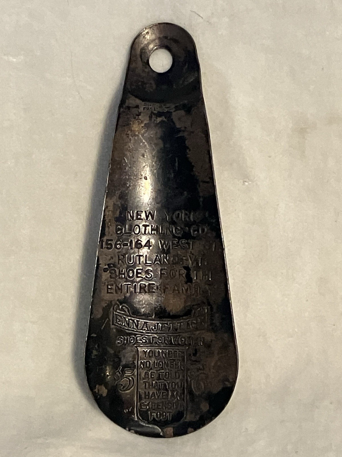 New York Clothing Rutland Vt Enna Jettick Shoe Horn Advertising Vtg Old Antique