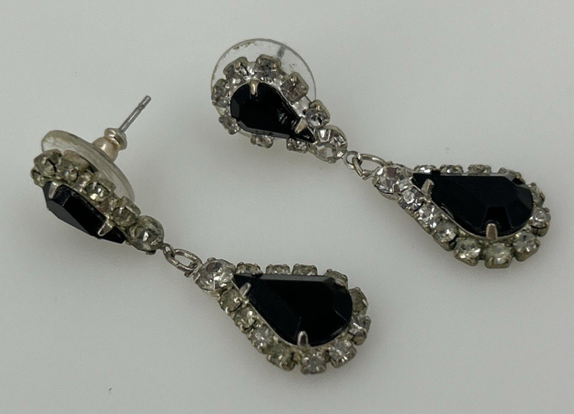 Teardrop Rhinestone Dangle Earrings Black Clear 1.5 Inch Drop