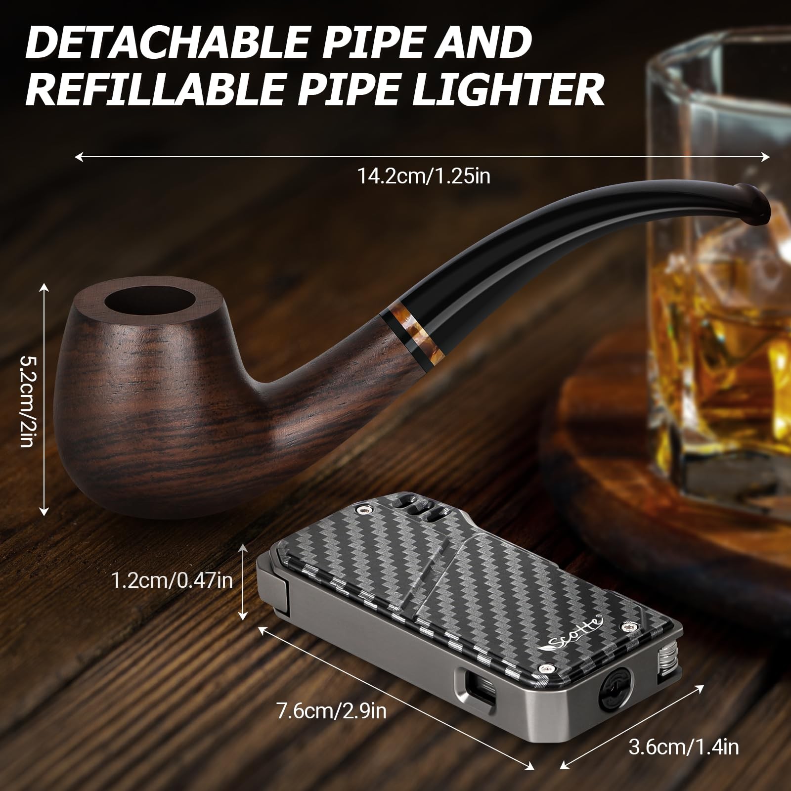 Handmade Pipe and Pipe Lighter Set, Wood Pipe and Various Pipe Accessories, S...