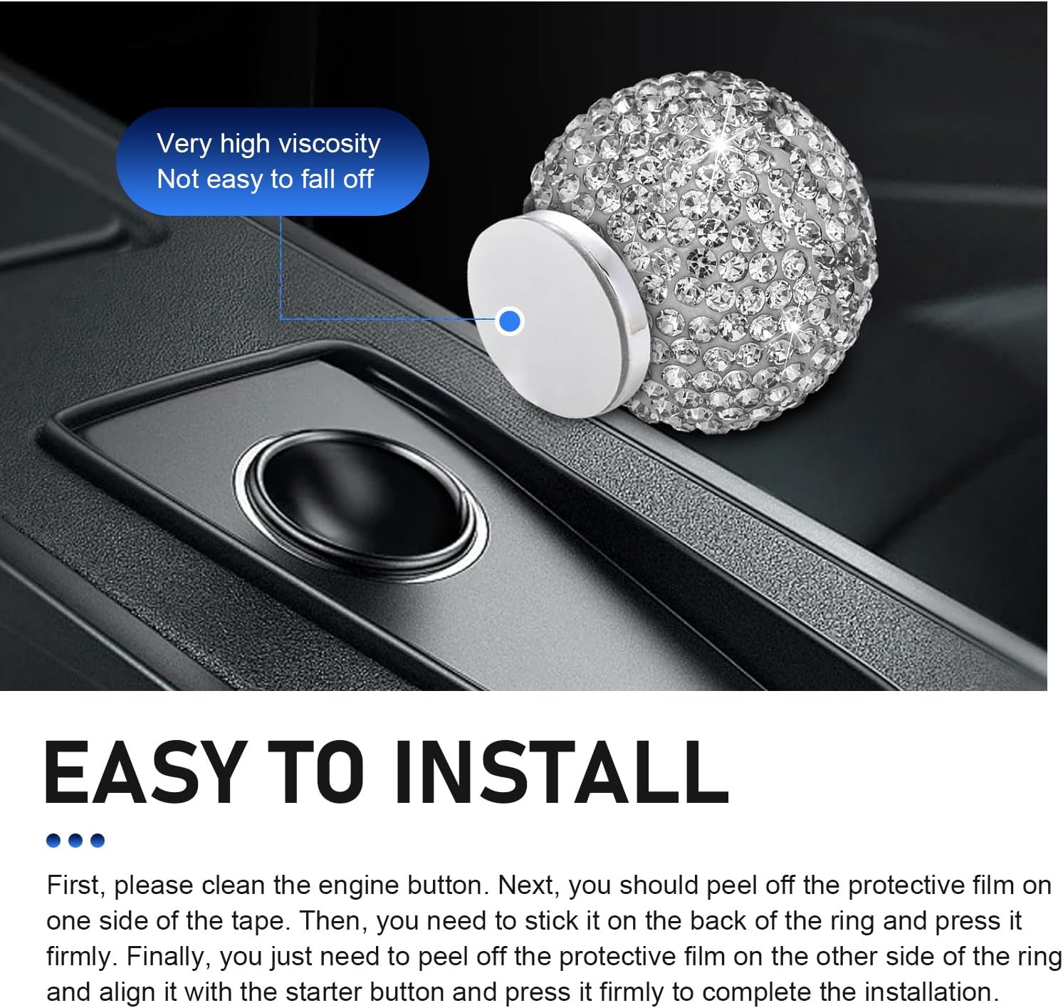 Bling Car Push Start Button Cover, Crystal Rhinestone Auto Ball Engine Start But