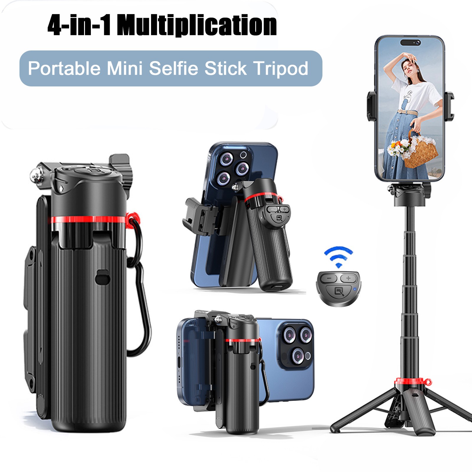 4-in-1 Portable Mini Selfie Stick Tripod with Remote Control For iPhone Android