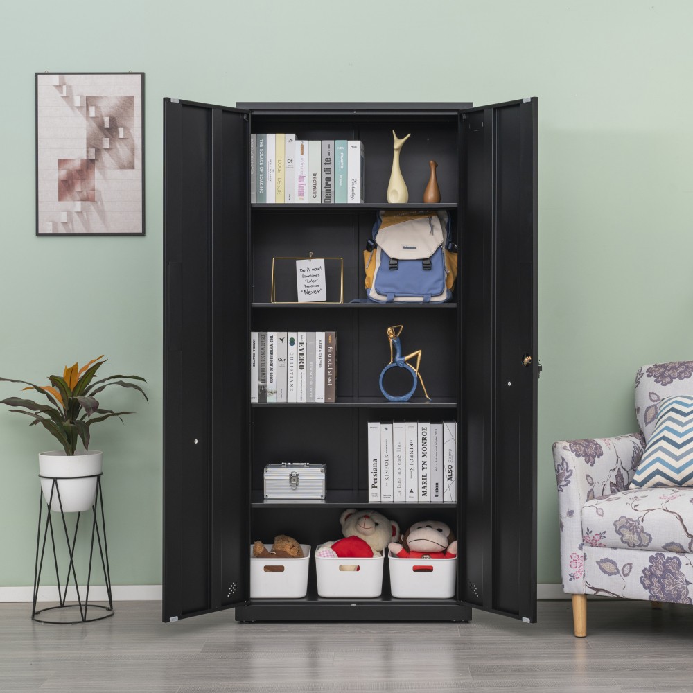 High Storage Cabinet W 2 Doors 4 Partitions Separate 5 Storage Spaces