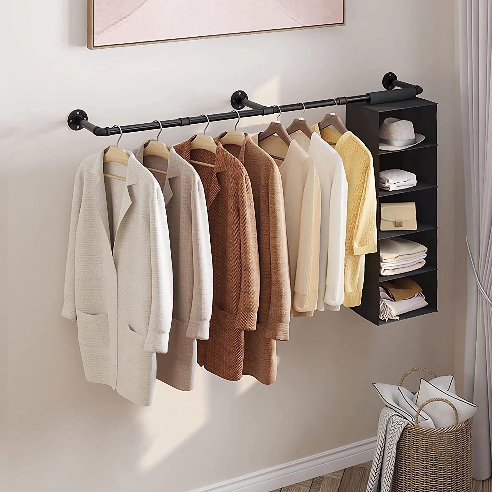 72" Wall Mounted Industrial Pipe Clothes Rack, Heavy Duty Garment Hanging Rod