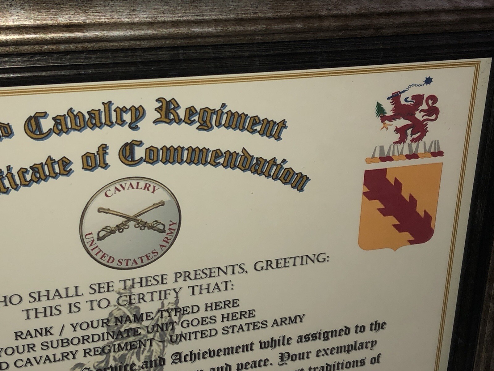 32ND U.S. CAVALRY REGIMENT / COMMEMORATIVE - CERTIFICATE OF COMMENDATION
