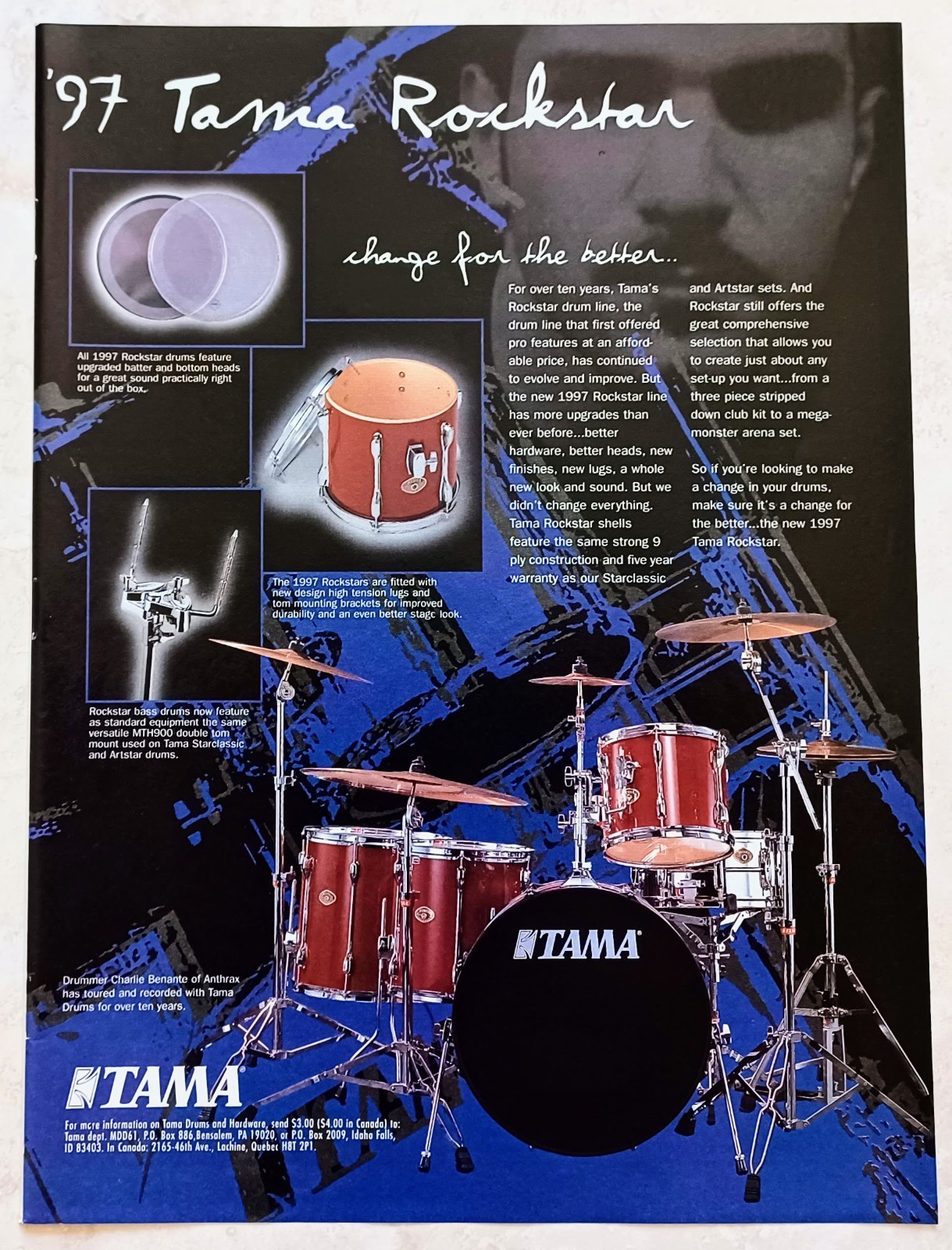 ANTHRAX~CHARLIE BENANTE~TAMA ROCKSTAR DRUMS~1997 PROMO POSTER~VTG PRINT AD PINUP