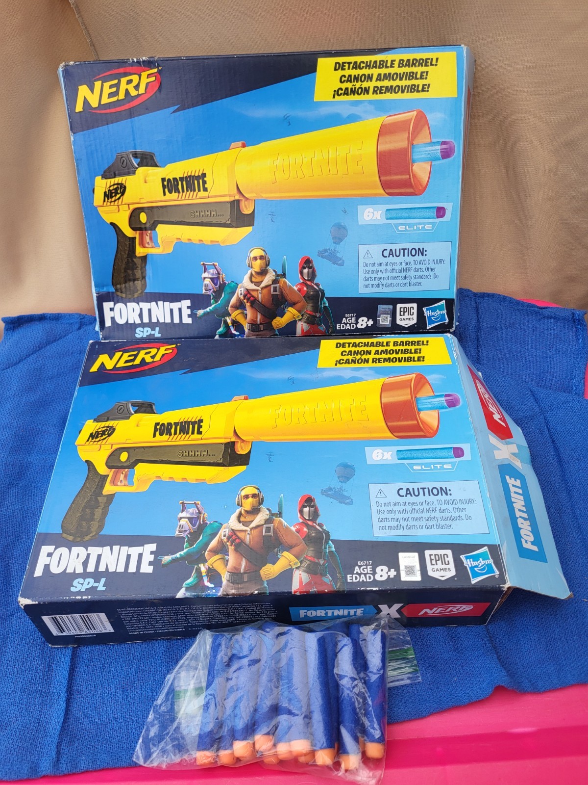 lot of 2 Fortnite Nerf SP-L Guns in open boxes never used, 17 extra soft shots