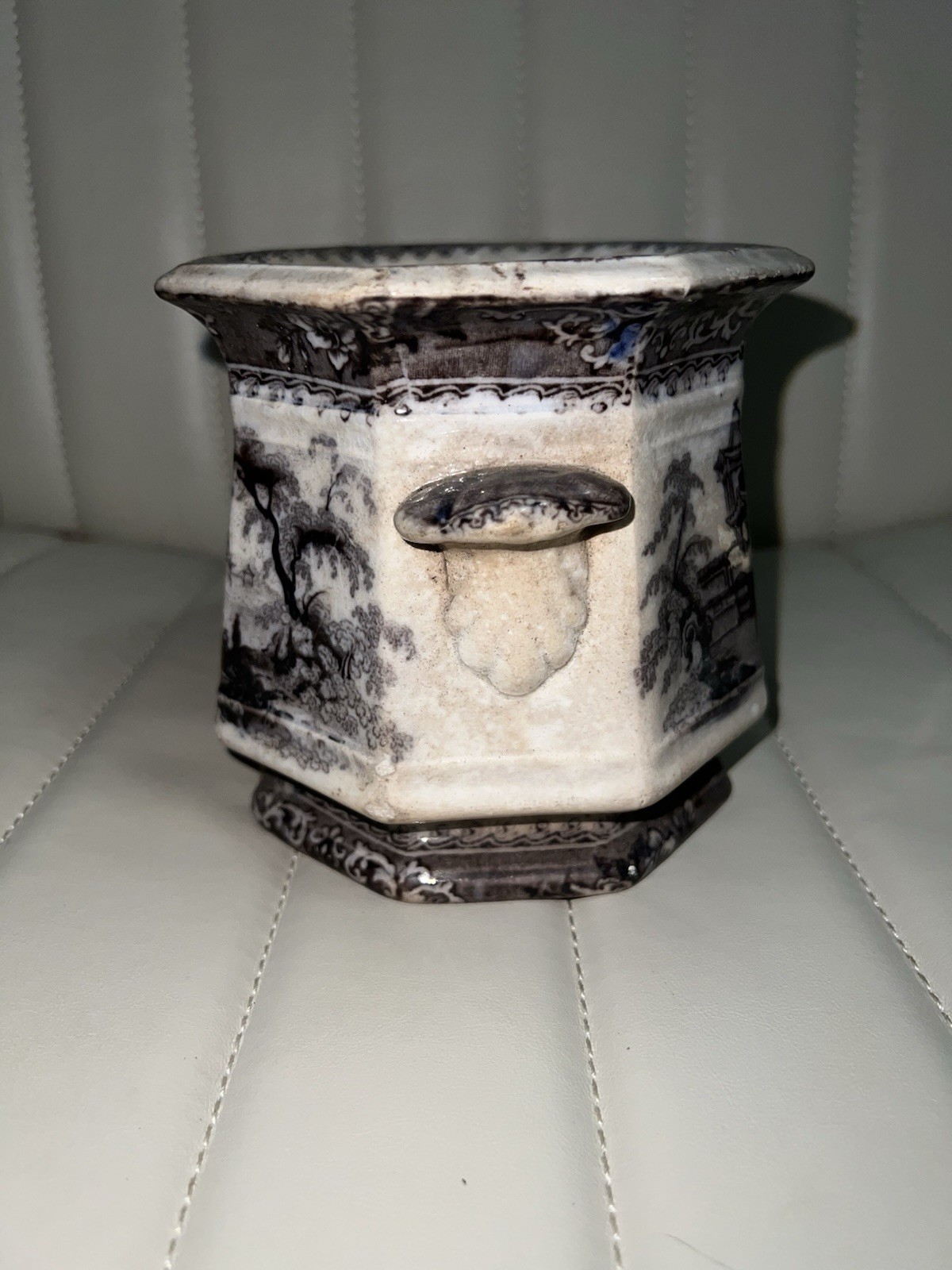 RARE Ironstone Antique Ceramic Hexagonal Planter Black & White Architectural