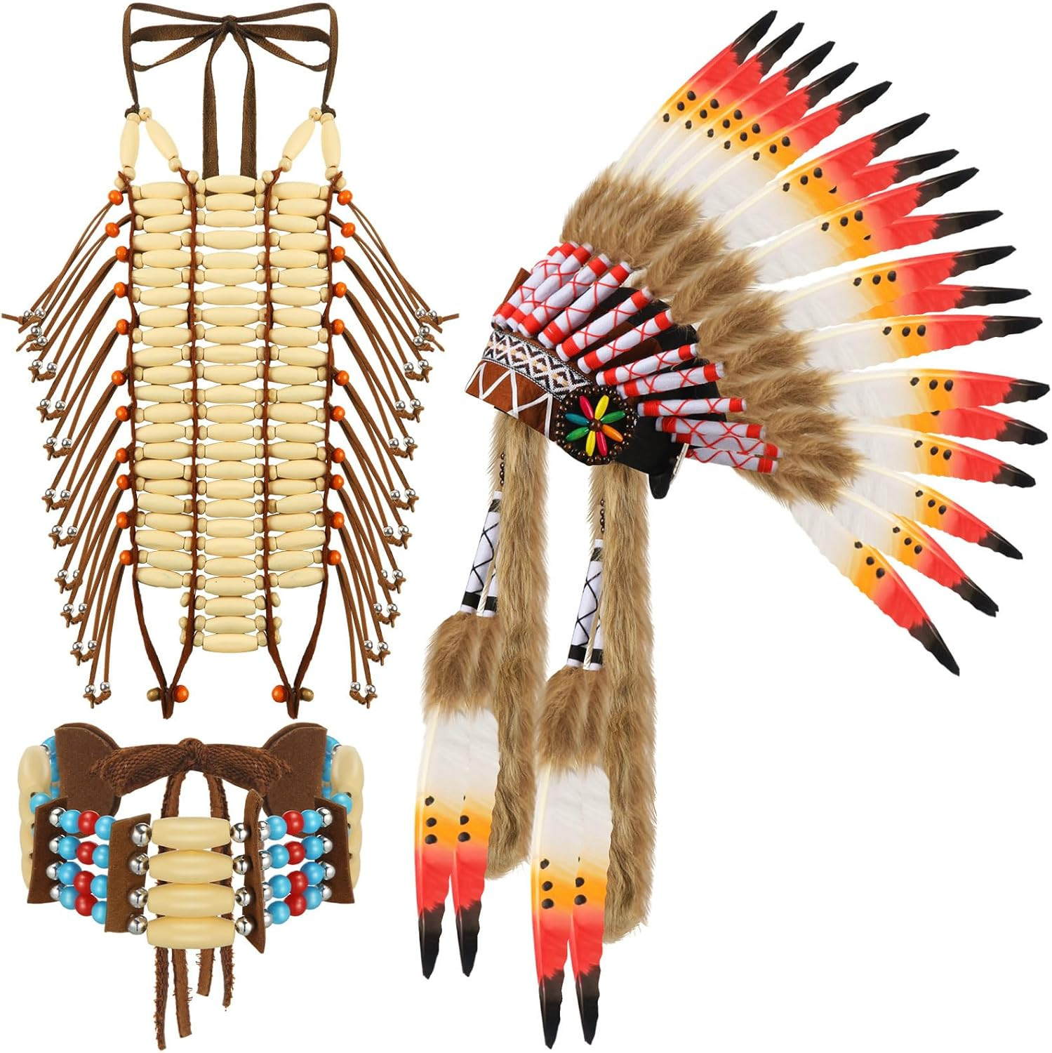 3 Pcs Halloween Native Costume Accessories Set Native Feather Headdress Traditio