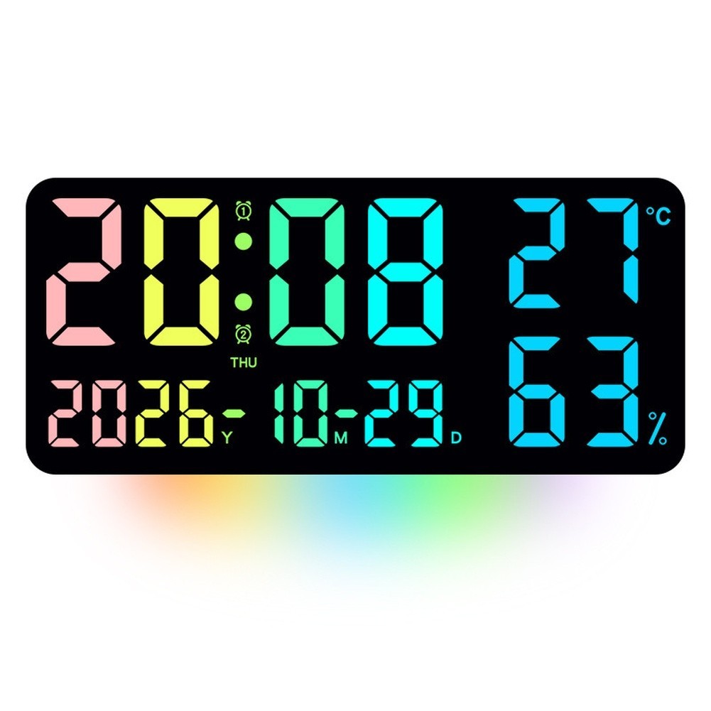 LED Wall Clock with RGB Light Effects Temperature Date Week Dual Alarm