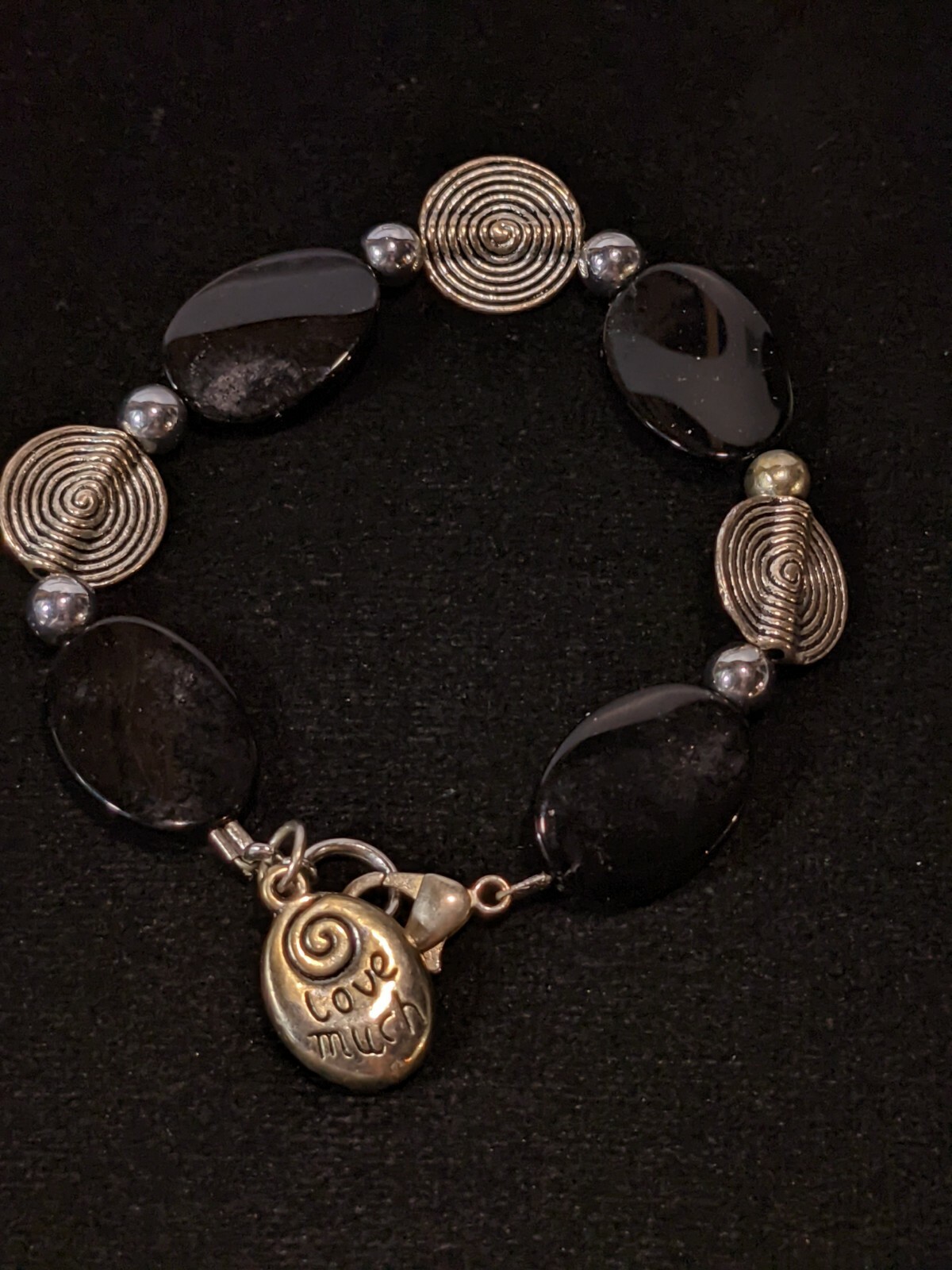 Artisan Silver Tone Black Glass Bead Love Much Laugh Often Bracelet 8"