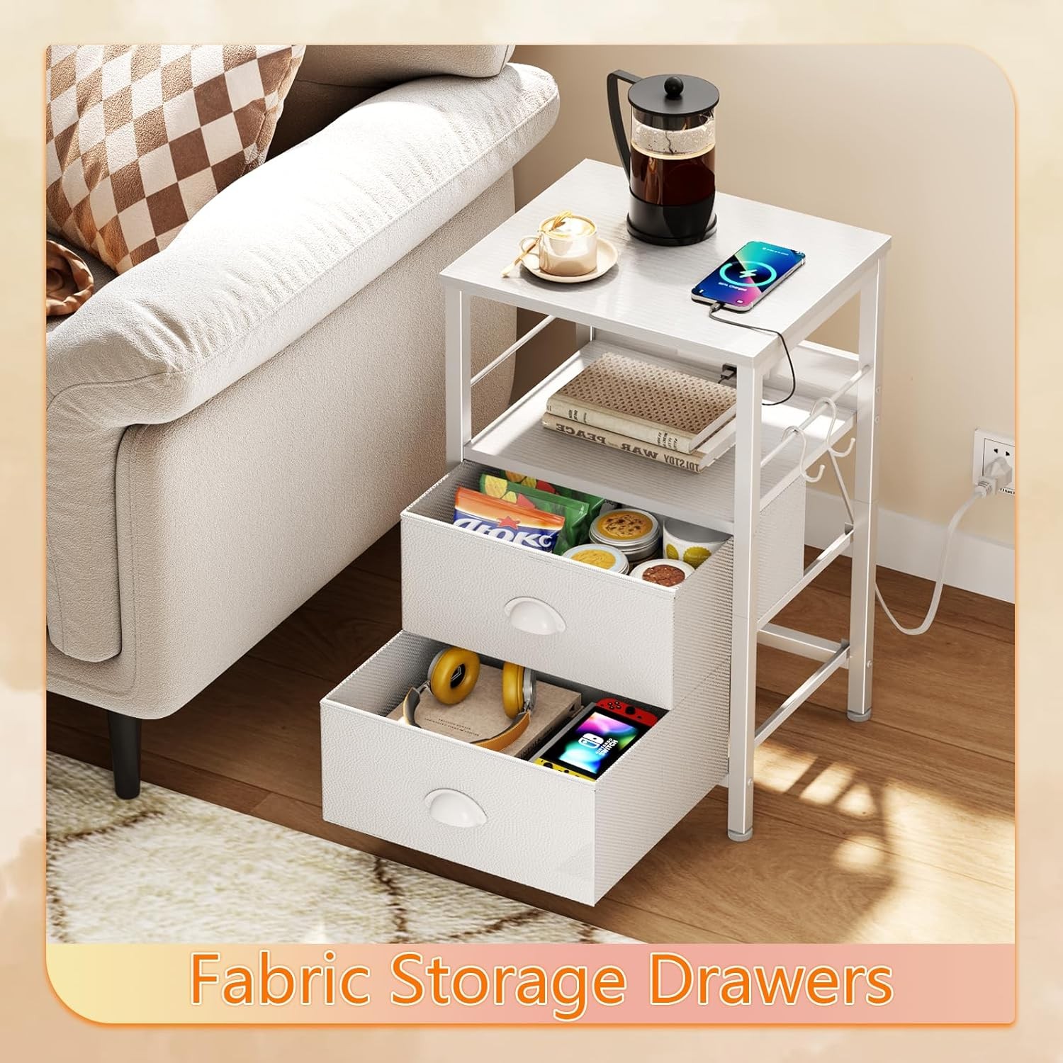 Furologee End Table with Charging Station, Nightstand Fabric 1 pc, White