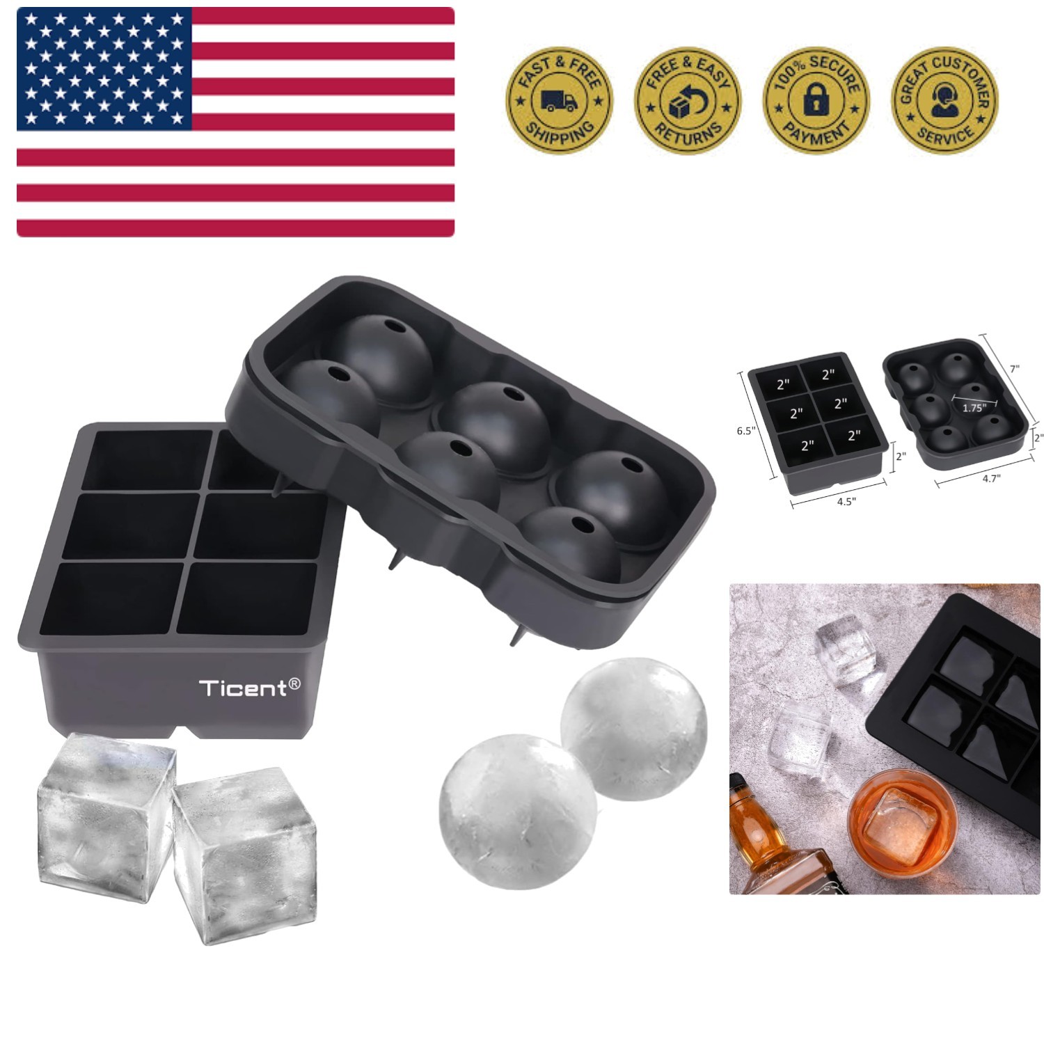 Ice Cube Trays Set of 2, Silicone Sphere Whiskey Ice Ball Maker with Lids & L...