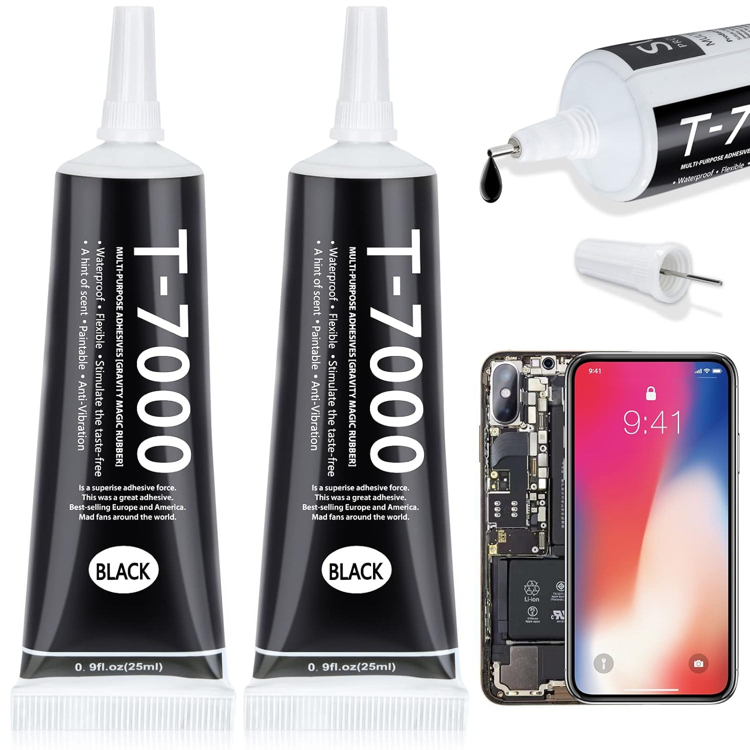 T7000 Black Glue for Phone Repair, 2 X 25 ML Semi Fluid Craft Glue T-7000 Adhesi