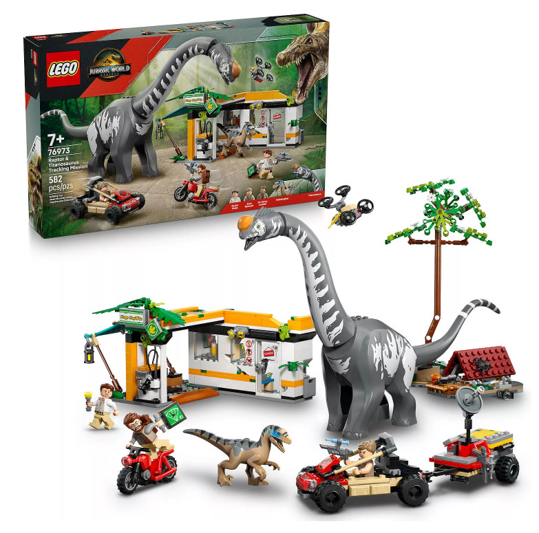 LEGO Jurassic World Raptor Titanosaurus Tracking Mission Toy 76973, 582 Pieces