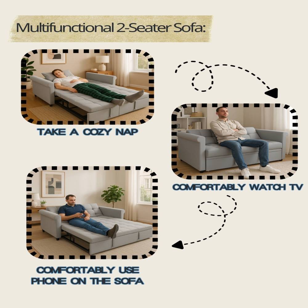 2-Seater Convertible Velvet Loveseat Gray Sofa Bed-Pull-Out,Side Pocket,Compact