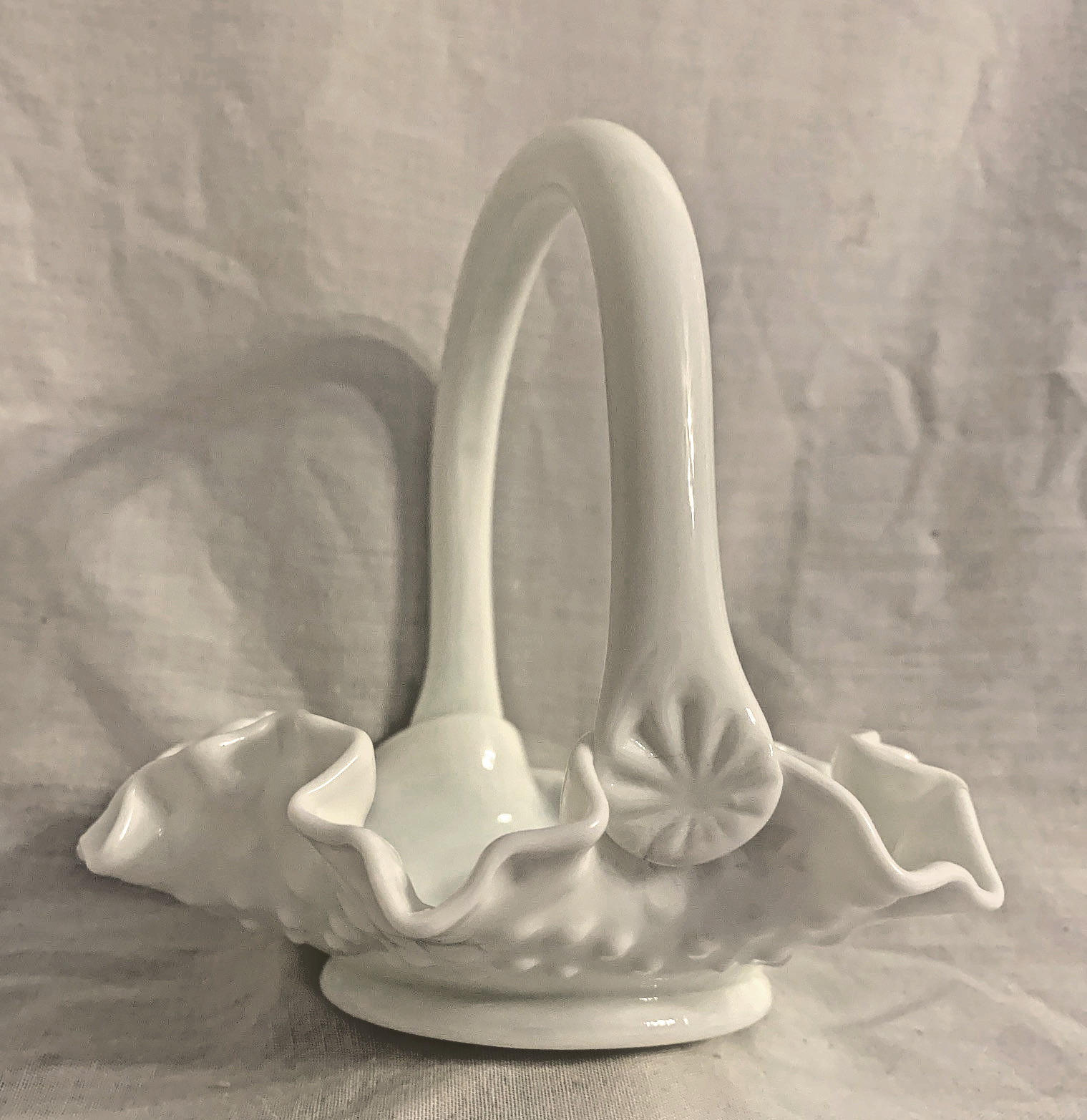 Vtg 70s Fenton White Milk Glass Hobnail Ruffled Edge Basket, Crimped Handle 6" H
