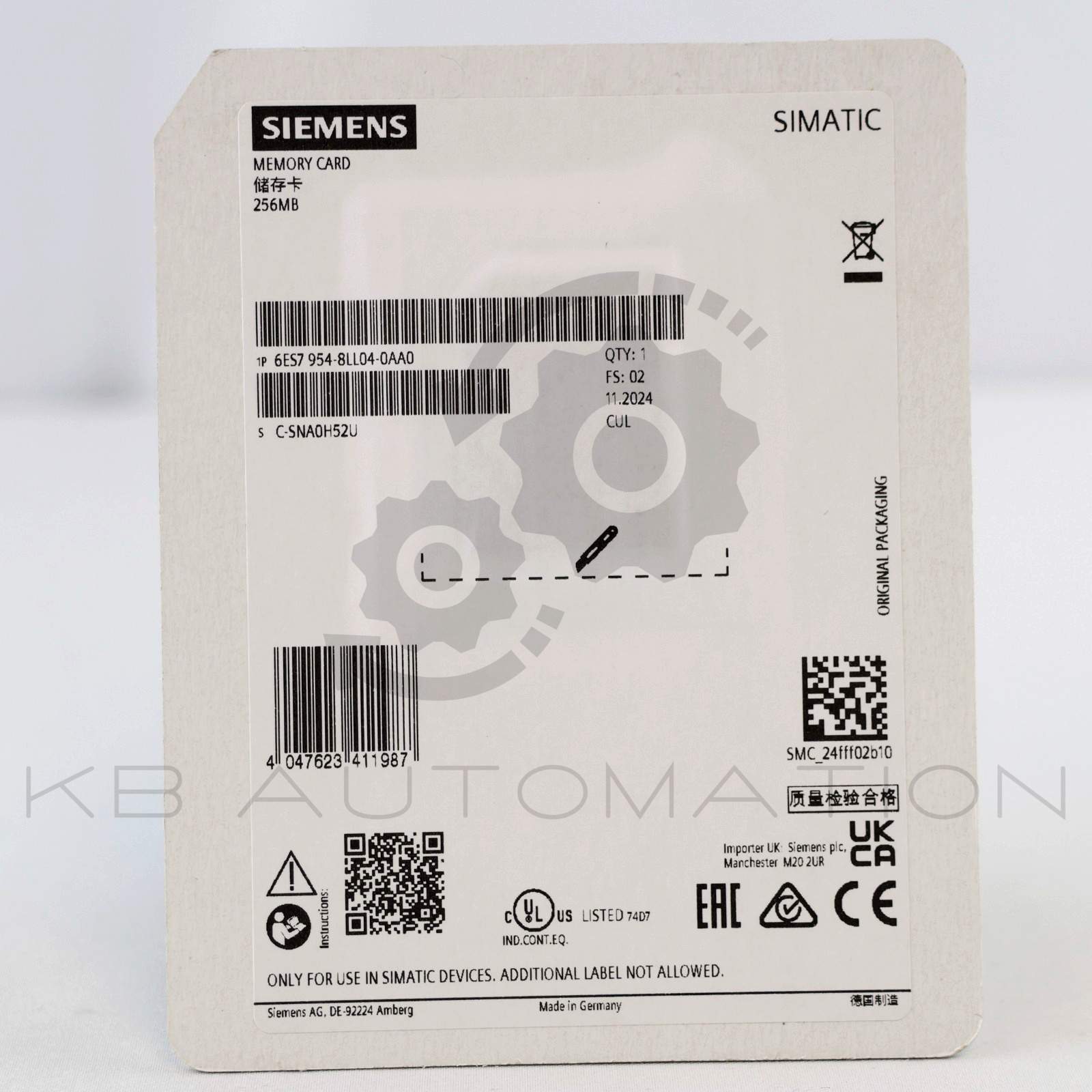 6ES7954-8LL04-0AA0 Siemens SIMATIC S7 Memory card for S7-1x00 CPU, 256 MB