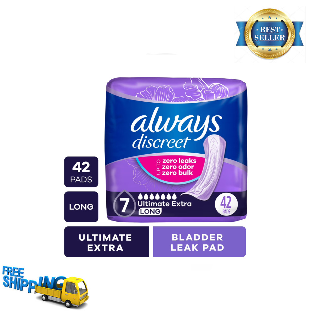 Always Discreet Incontinence Pads for Women, Ultimate Extra Absorbent Long, 42Ct