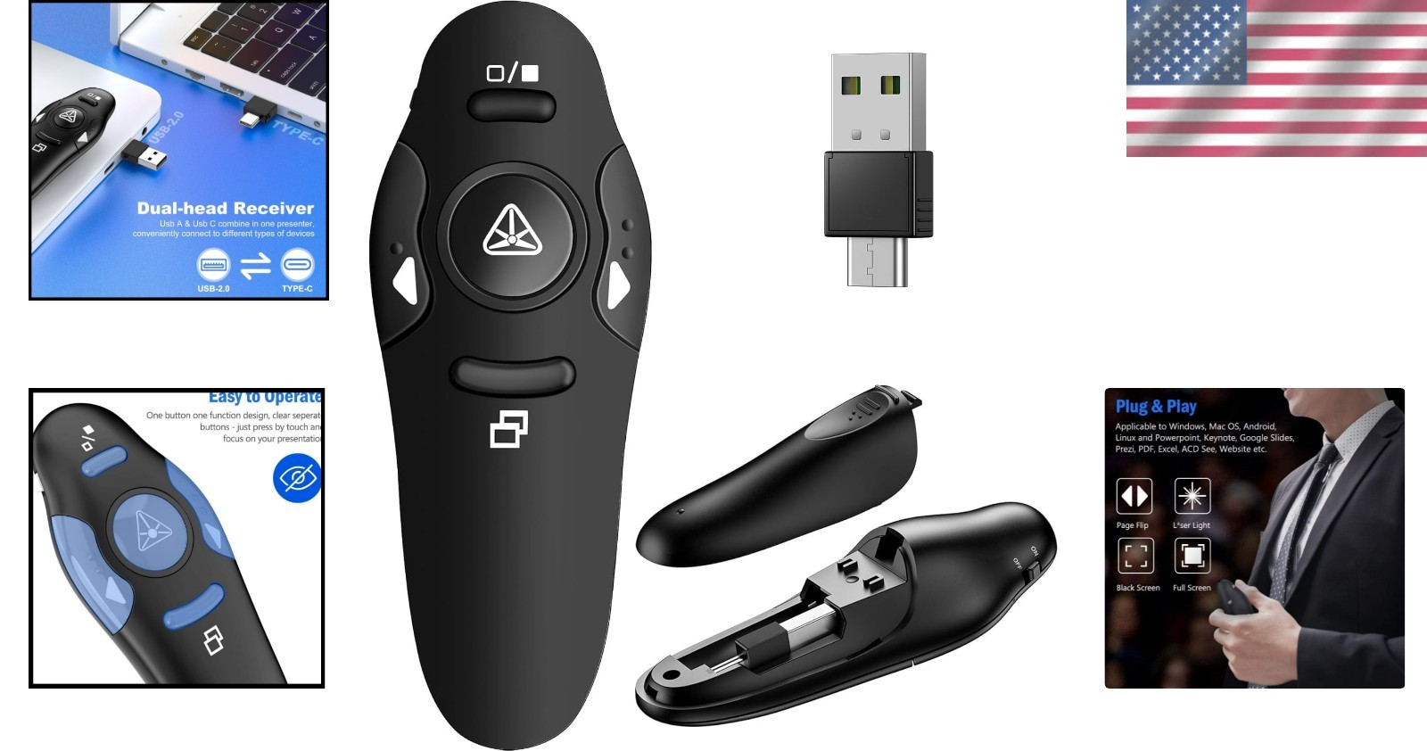 Bright Red Laser Wireless Presenter Remote - 49 Feet Range, USB Connectability