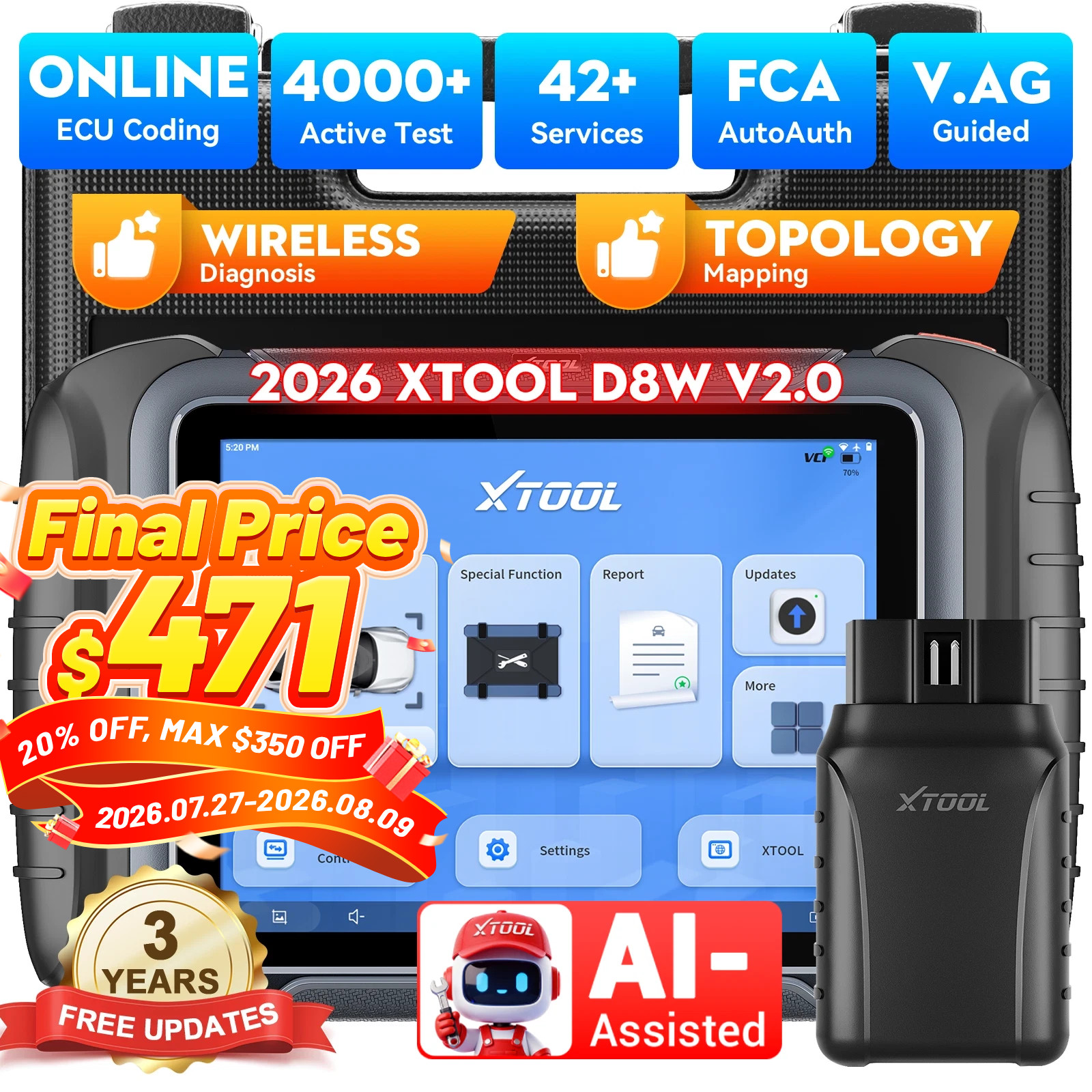 XTOOL D8W V2.0 Auto All System Diagnostic Scanner E.CU Coding Key Program FCA