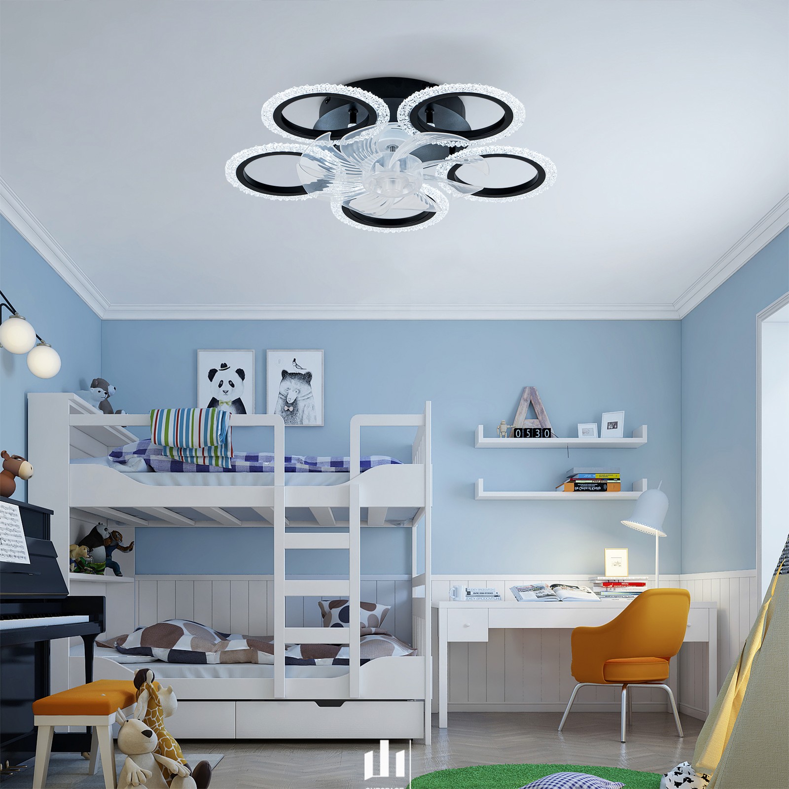 20''Modern Ceiling Fan Lights Remote Control.Black,6 Speeds 3 Light Color Low