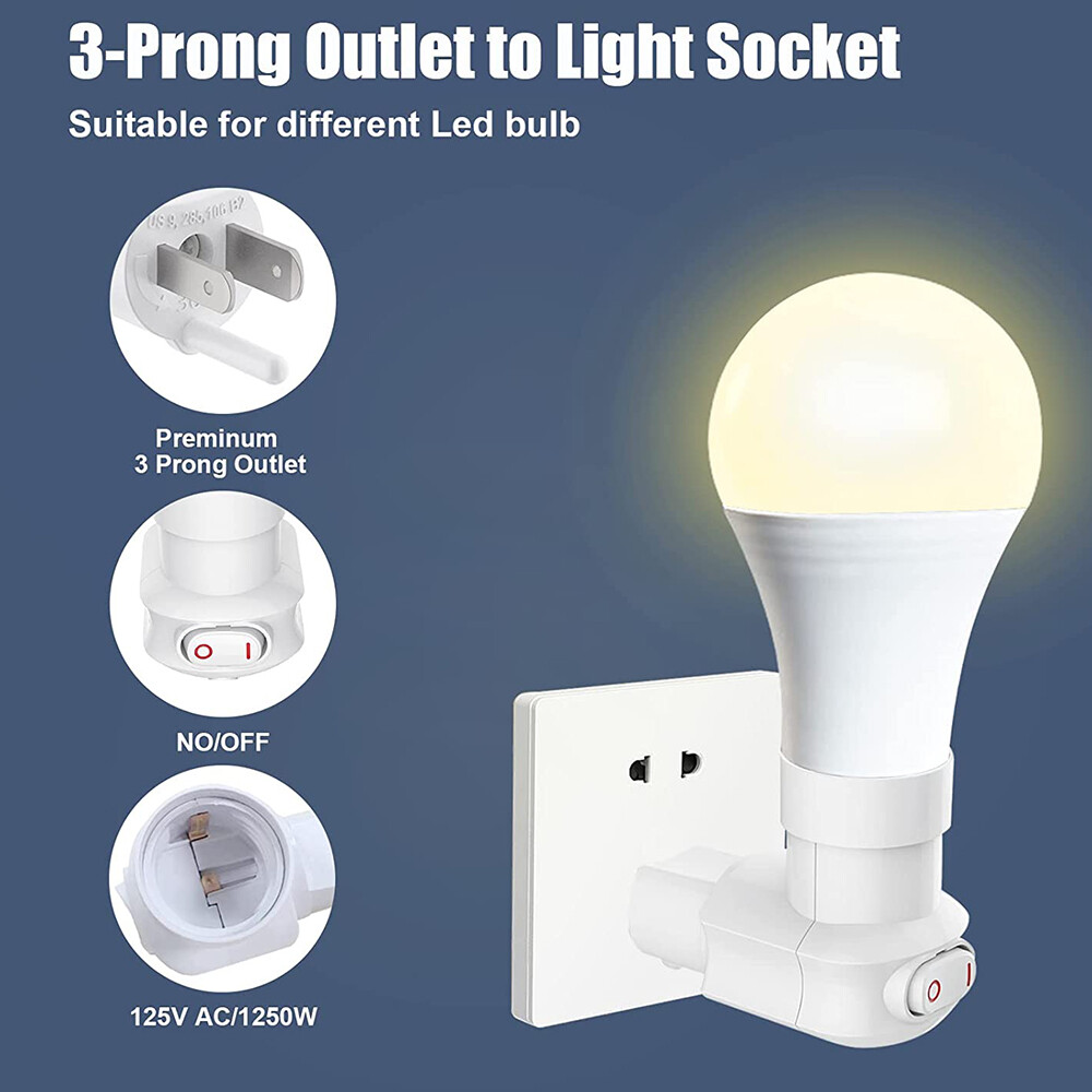 2Pcs Outlet to Socket Adapter E26/E27 Plug-in Light Socket 3-Prong Outlet Socket