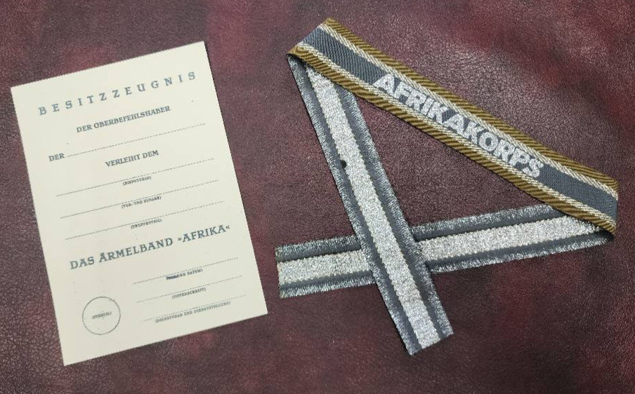 WW2 WWII German Luftwaffe DAK AFRIKAKORPS Cuff title insignia w award document