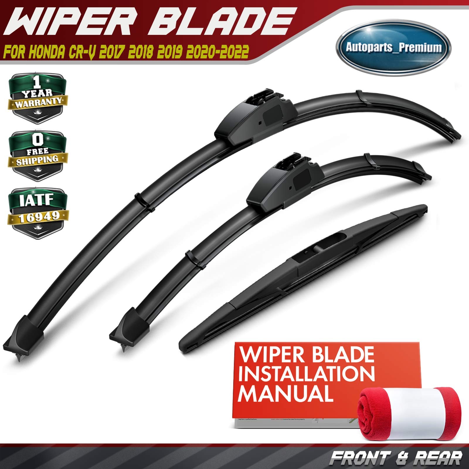 3Pcs 26" & 17" & 12" Front&Rear Windshield Wiper Blades for Honda CR-V 2017-2022