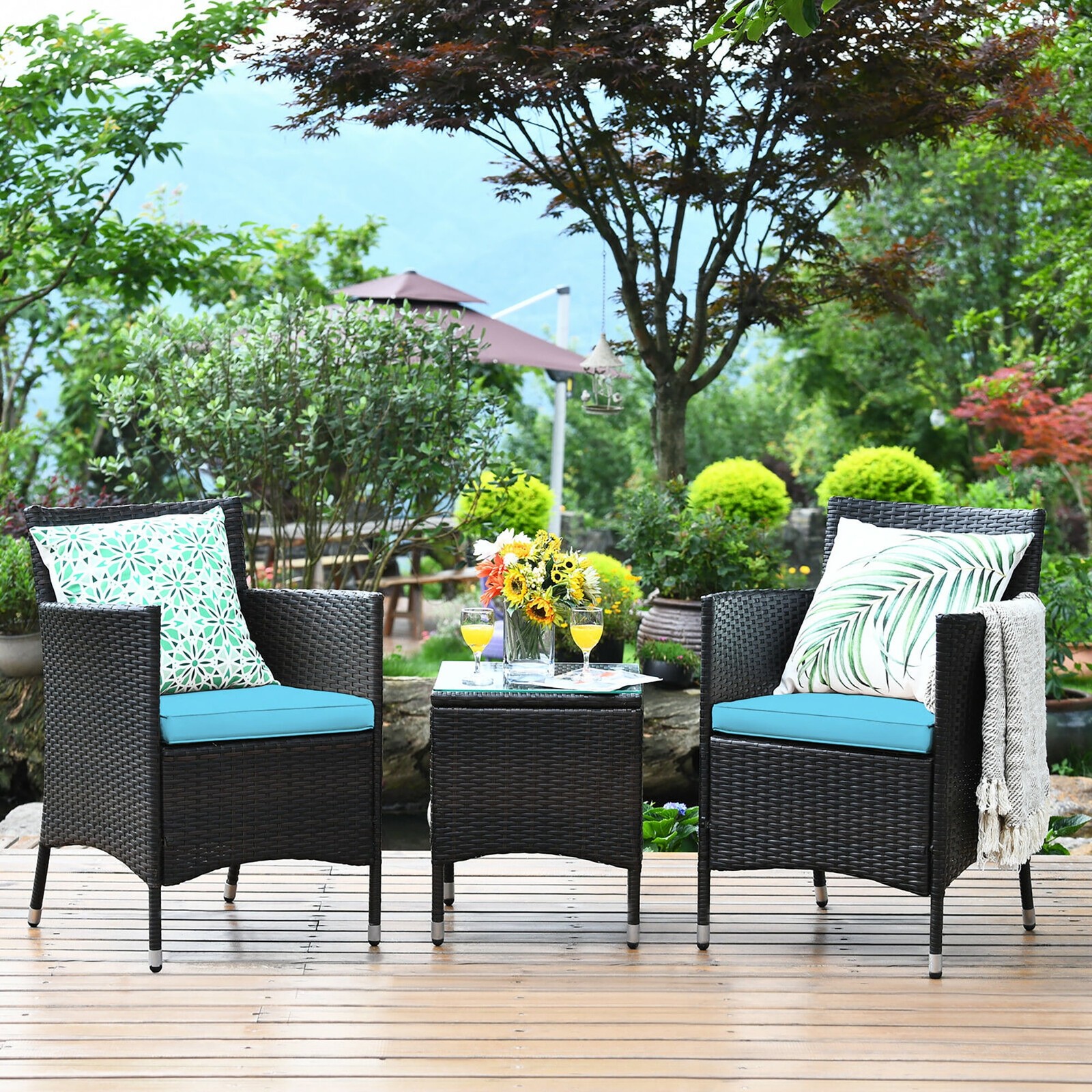 Outdoor 3 PCS Rattan Wicker Furniture Sets Chairs Coffee Table Garden Blue